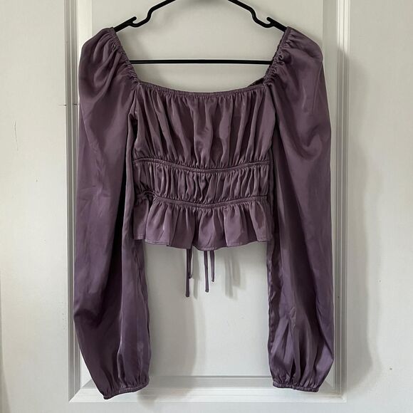 Y2K Purple Mixed Threads Los Angeles Satin Long Sleeves Tie Front Crop Top - Picture 7 of 8